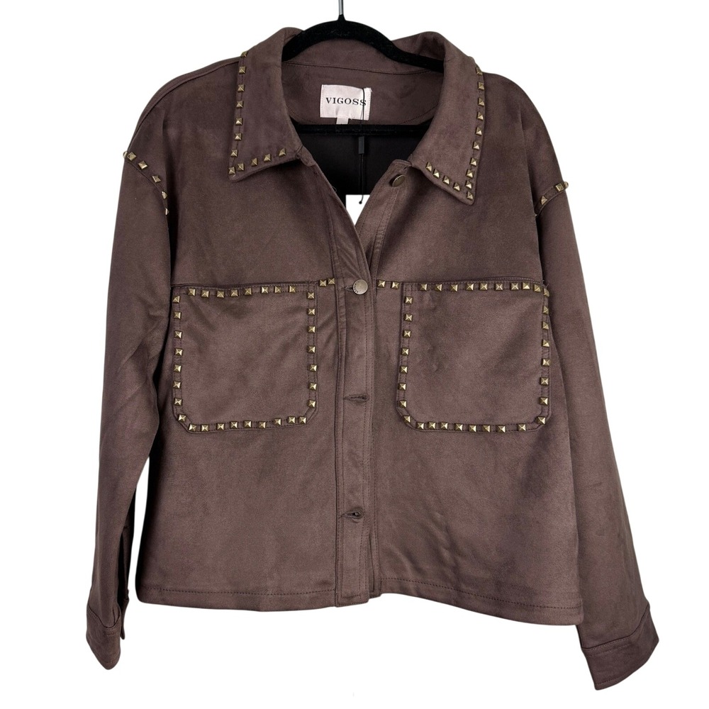 Vigoss Womens Brown Studded Faux Suede Shacket Jacket Size Large New VC-J03102A‎